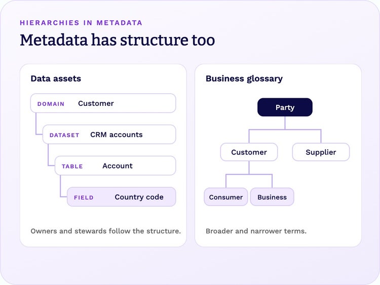 Metadata hierarchies: domain, dataset, table and field, and a business glossary with broader and narrower terms