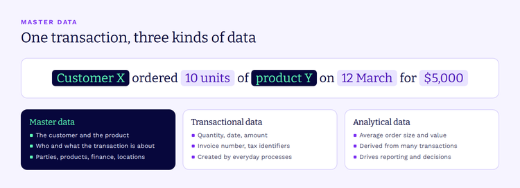 A sales order broken down into master data, transactional data and analytical data