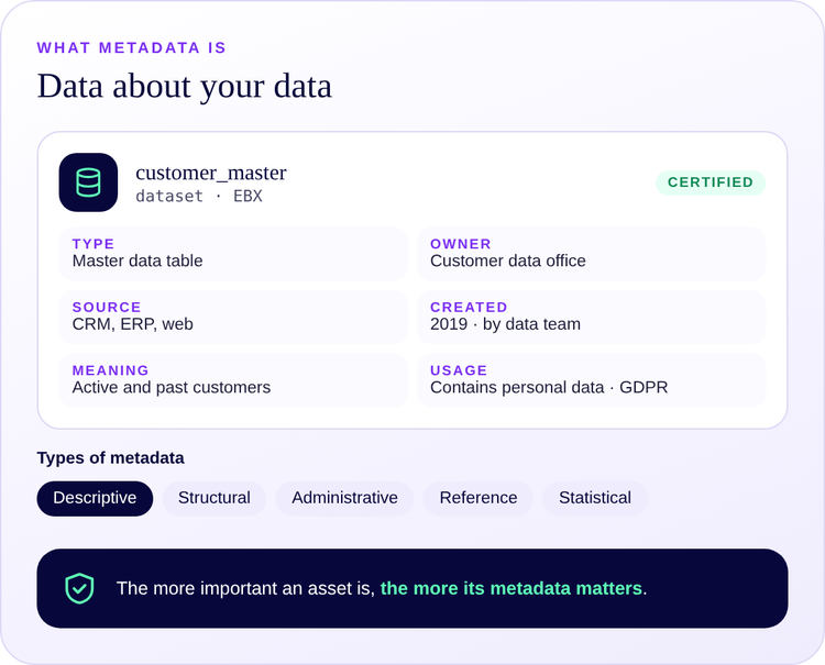 Example metadata for a customer dataset and the types of metadata