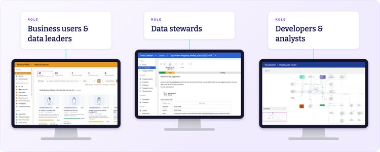 One EBX interface for every role: business users and data leaders browse a material catalog, data stewards work through an approval workflow, and developers and analysts view the data model diagram.