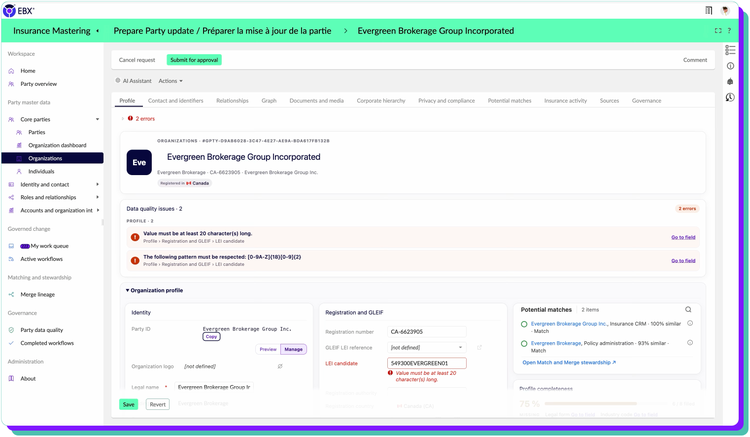 A data steward preparing a governed change in EBX. The record for Evergreen Brokerage Group is open inside a workflow task called Prepare Party update, with the options to cancel the request or submit it for approval. The screen lists two data quality issues on the legal entity identifier, two potential duplicate matches at 100 and 93 percent similarity, and a profile that is 75 percent complete.