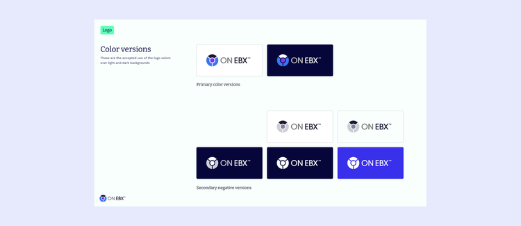 Page from the ON EBX logo guidelines showing approved color versions