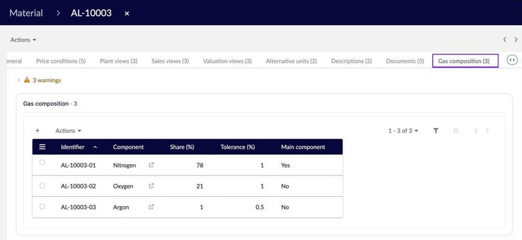 EBX gas composition tab for material AL-10003 listing nitrogen 78%, oxygen 21% and argon 1% with tolerances and main component flag.