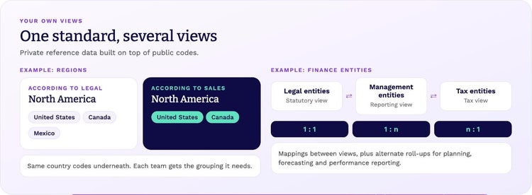 One standard, several views: North America according to legal (United States, Canada, Mexico) and according to sales (United States, Canada); legal, management and tax entities mapped 1:1, 1:n and n:1.