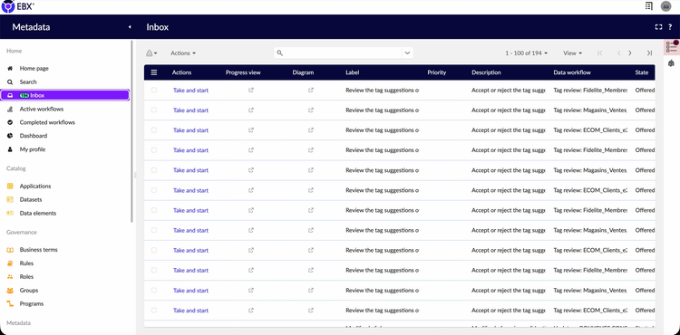 EBX Metadata stewardship inbox showing tag review workflow tasks awaiting a data steward