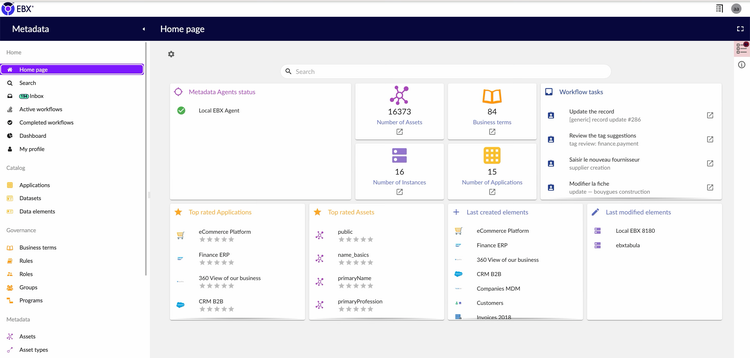 EBX Metadata home dashboard showing catalog counts, agent status and recently modified elements