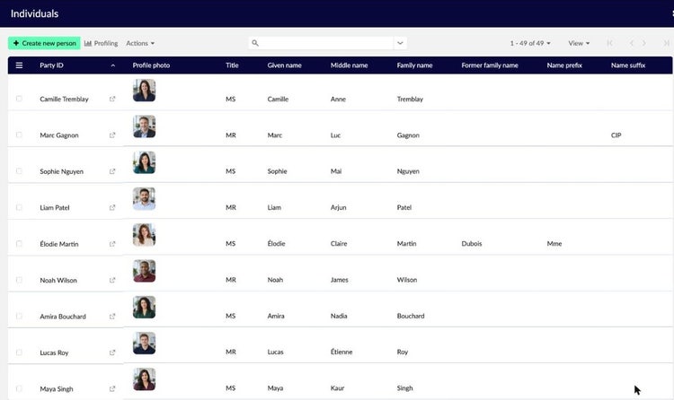 EBX table of individual customers with profile photos, party IDs, titles and names.