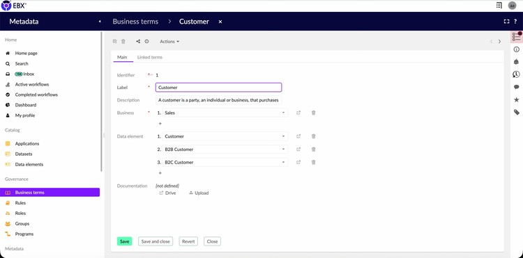 EBX Metadata business term Customer linked to the Customer, B2B Customer and B2C Customer data elements