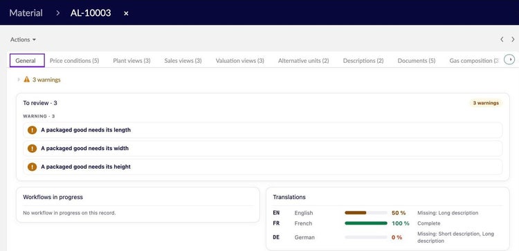 EBX material record with three validation warnings for missing length, width and height, and translation completeness: English 50%, French 100%, German 0%.