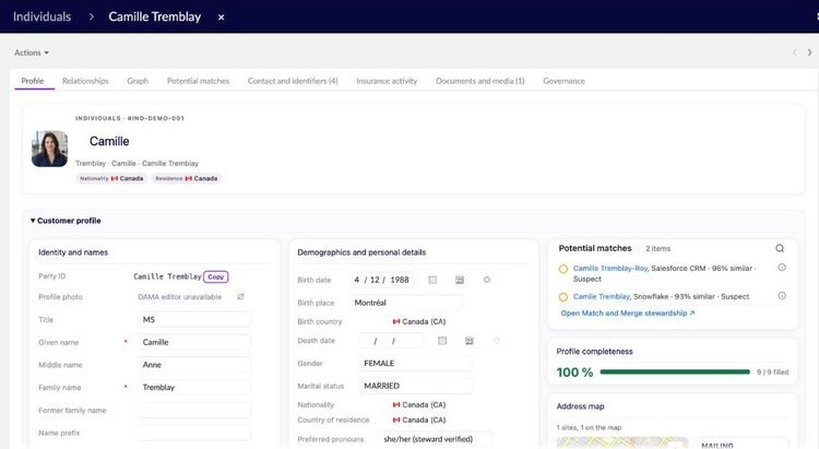 EBX customer profile for Camille Tremblay showing identity, demographics, potential matches from other sources and 100% profile completeness.