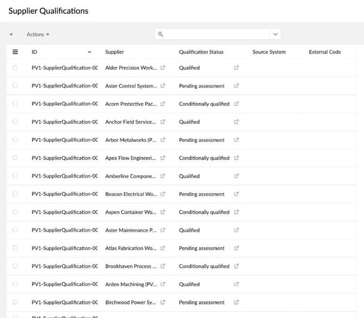 EBX supplier qualifications list showing suppliers with qualified, pending assessment and conditionally qualified statuses.