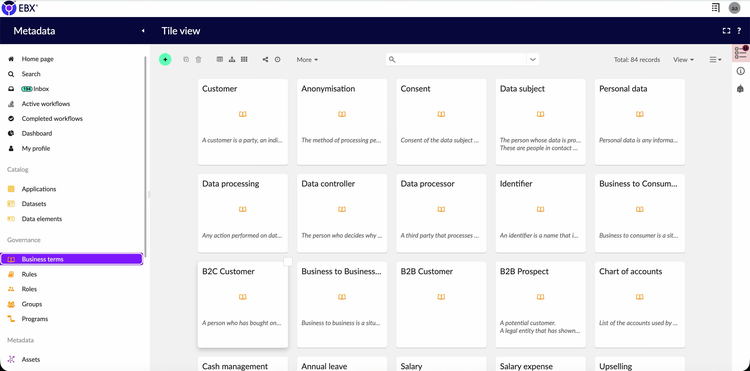 EBX Metadata business glossary listing 84 governed business terms with their definitions