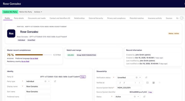 EBX golden record for Rose Gonzalez with 75% completeness, missing fields, golden match and merge status, record information and stewardship fields.
