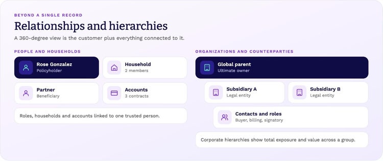 Relationships and hierarchies: a person linked to a household, partner and accounts; a global parent with subsidiaries, contacts and roles.